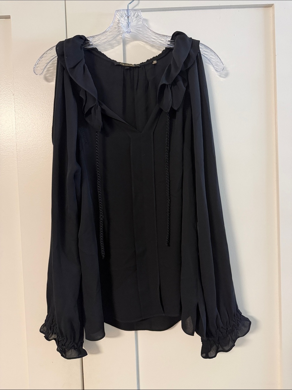 Kobi Halperin Black Ruffle-Neck Long Sleeve Blouse